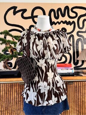 Y2K Brown Cream Floral Puff Sleeve Summer Smocked Top Serenade New York Size S